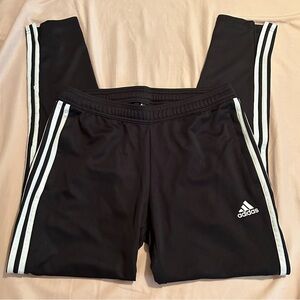 Adidas womens tapered athletic pants, black with white stripes, size M